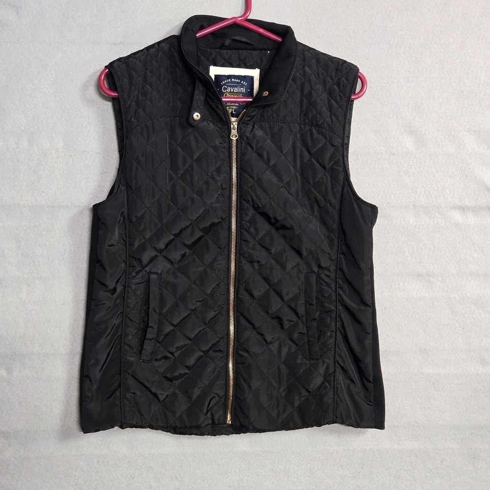 Cavalini Original Black Quilted Puffer Vest Womens Size PL Petite Large Gold Zip